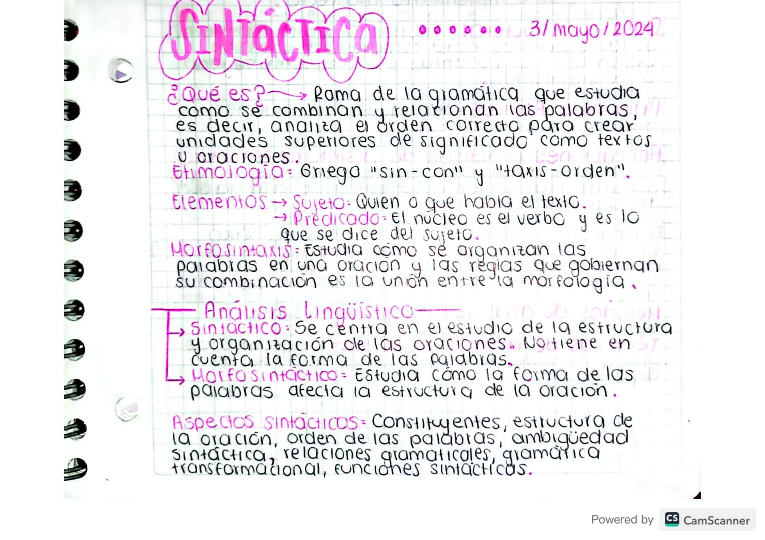 SINTACTICA
3/mayo/2024
¿Qué es? Rama de la gramática que estudia
como se combinan y relacionan las palabras,
es decir, analiza el orden corr