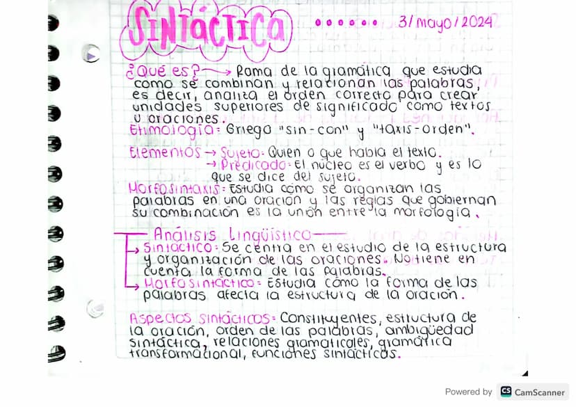 SINTACTICA
3/mayo/2024
¿Qué es? Rama de la gramática que estudia
como se combinan y relacionan las palabras,
es decir, analiza el orden corr