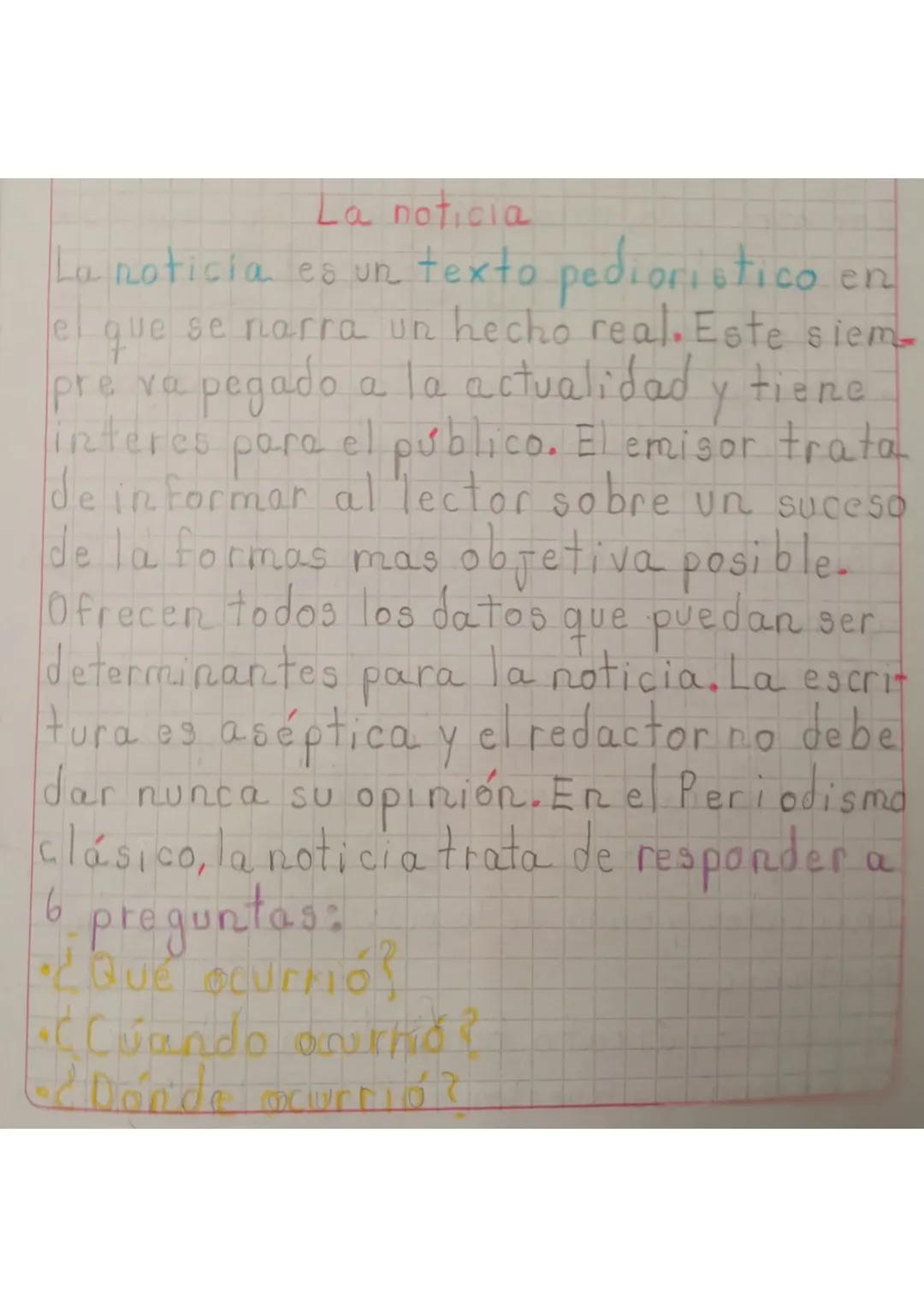 # La noticia

La noticia es un texto pedioristico en
el que se narra un hecho real. Este siem
pre va pegado a la actualidad y tiene.
interes