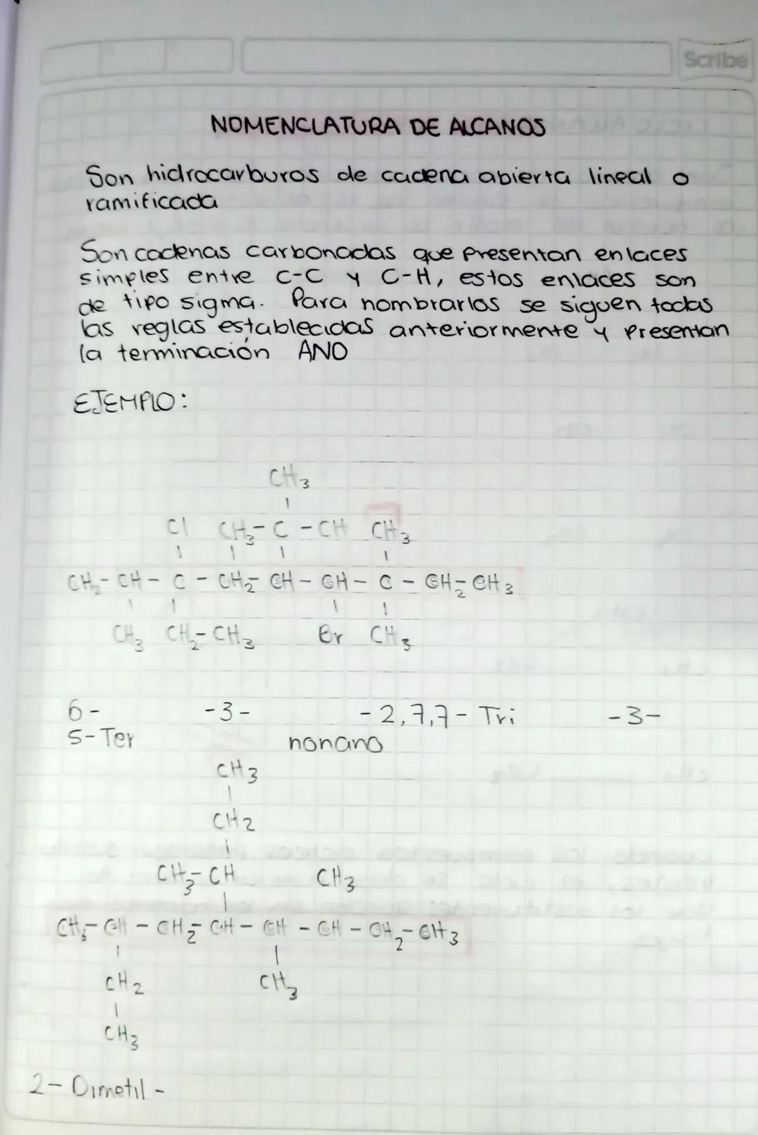 Scribe
NOMENCLATURA DE ALCANOS
Son hidrocarburos de cadena abierta lineal o
ramificada
Son cadenas carbonadas que presentan enlaces
simples 