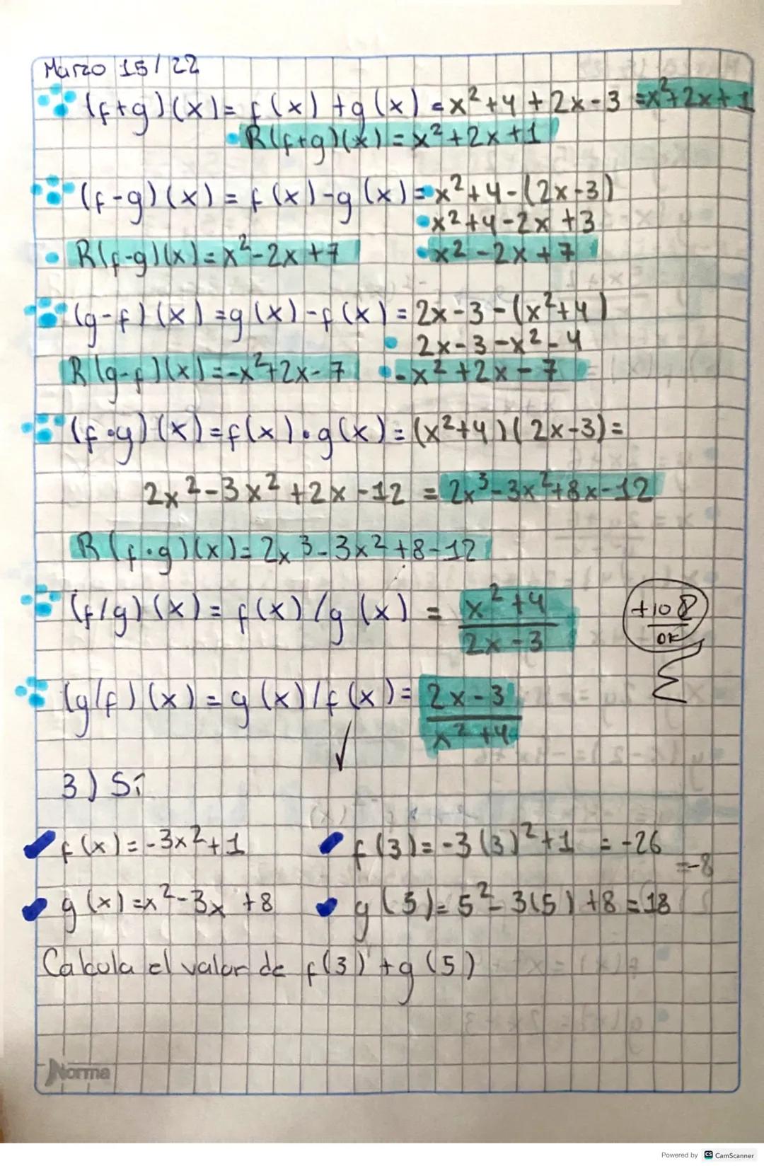 Marco 15 del 2022
Tema, Algebra de fundones
Algebra De Funciones:
Si dos funciones + g of coton definidas para
todos los números reales ento
