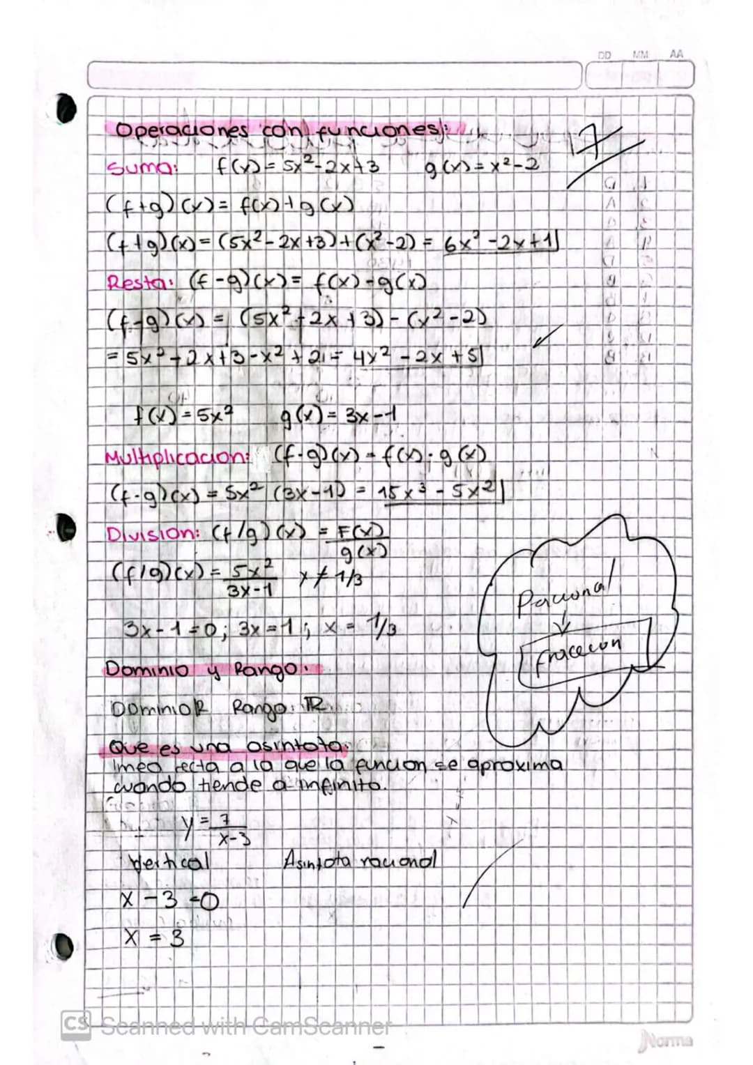 DD
MM AA
estudio evaluación
Temas
Operaciones con numeros reales
• funciones y relaciones
♥ Clasificación de funciones
♥ Operaciones con fun