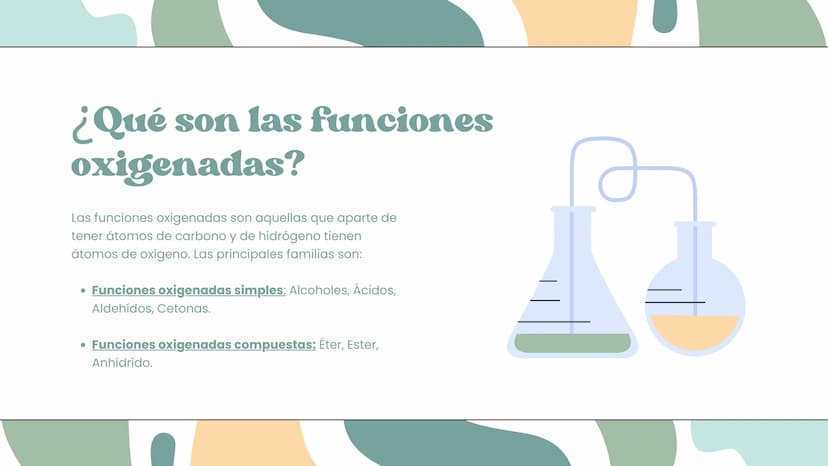 Funciones
Oxigenadas
Alcoholes, éteres, ester ¿Qué son las funciones
oxigenadas?
Las funciones oxigenadas son aquellas que aparte de
tener á