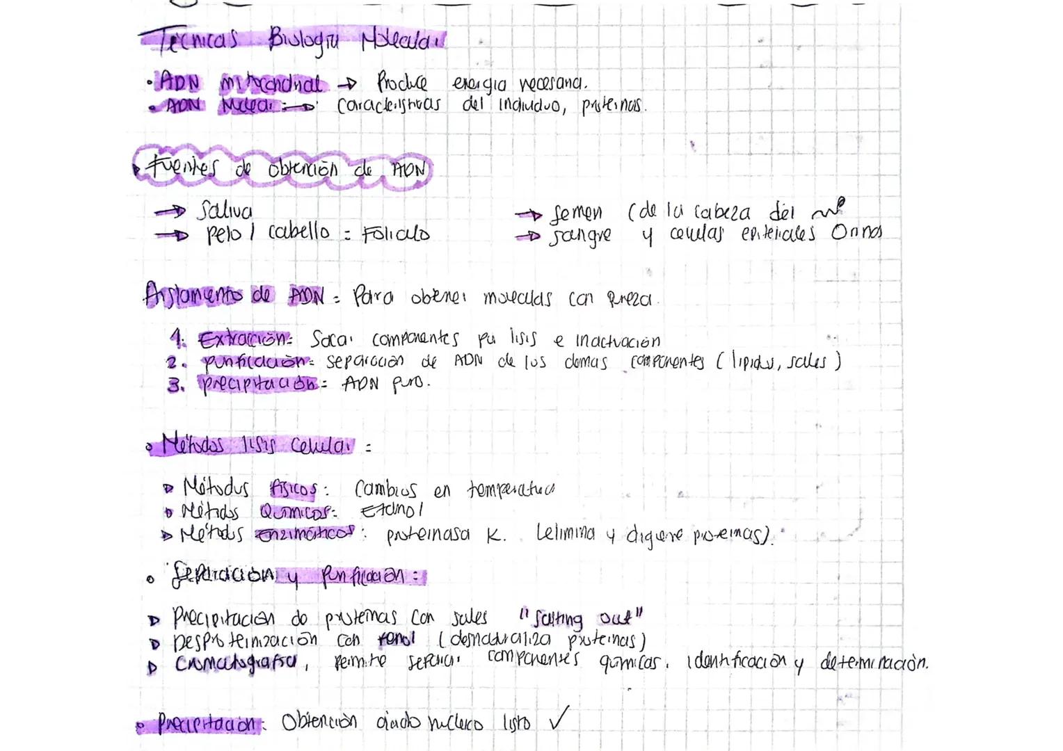 1
Técnicas Biologia Molecular
• ADN condral Produce energia necesand.
• ADN Macaracteristicas del includuo, pristernas.
Fuentes de obtención