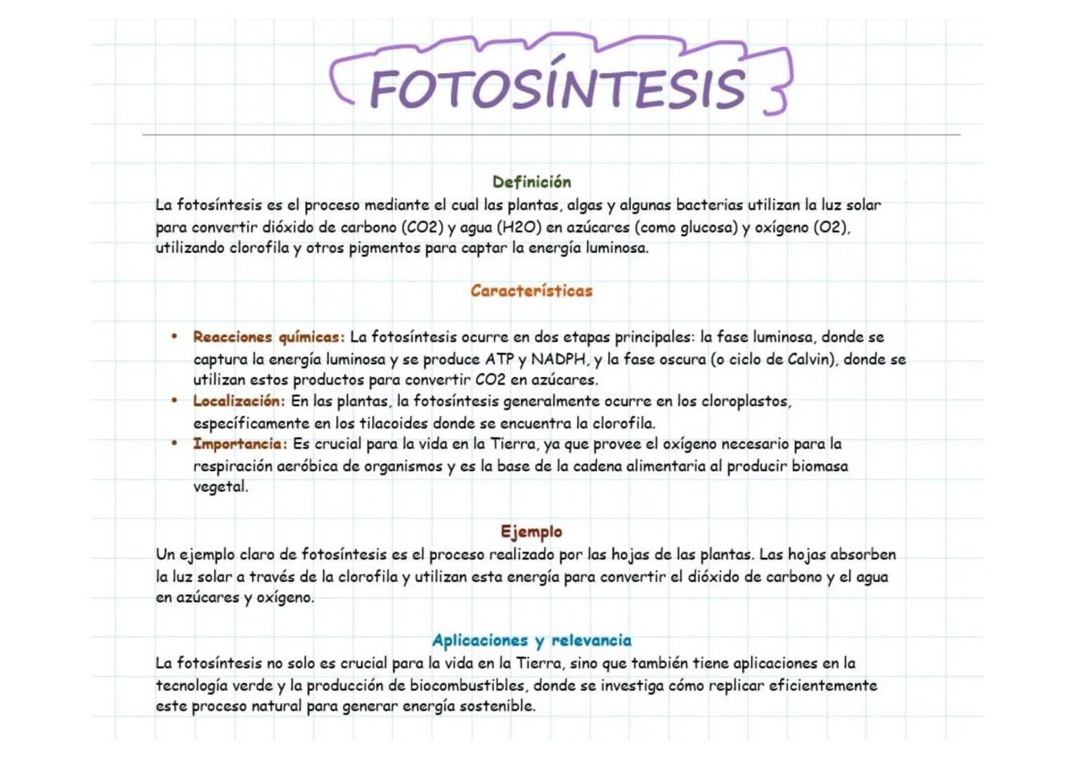 FOTOSINTESIS 3
Definición
La fotosíntesis es el proceso mediante el cual las plantas, algas y algunas bacterias utilizan la luz solar
para c