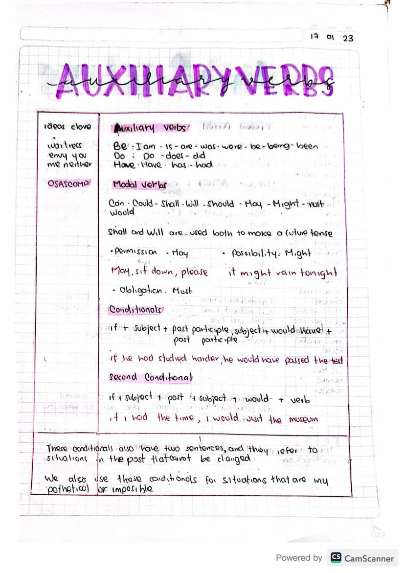17 01 23
WXMARY VERRS
ideas clove
waitress
envy you
me neither
OSASCOMP
Auxiliary verbs b
Be Iam 1s-are-was-were-be-being-been
Do Do -does- 