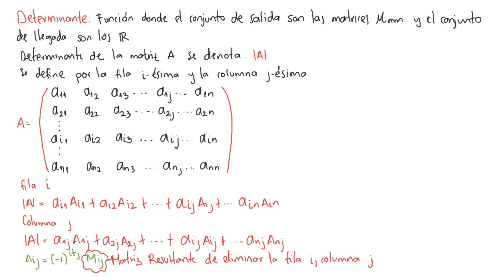 Determinante: Función donde el conjunto de salida son las matrices Mmxn y el conjunto
de llegada son los IR
Determinante de la motriz A se d