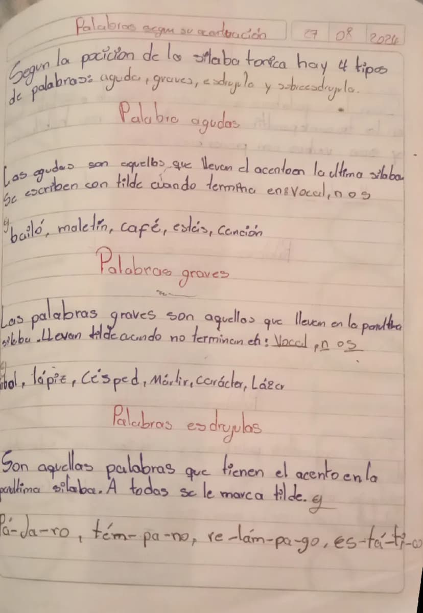 Palabras sem su
argan su acortación
2708 2024
Segun la pacicion de la sitaba torica hay 4 tipos
de palabras: aguda, graves, esdrujula y subi