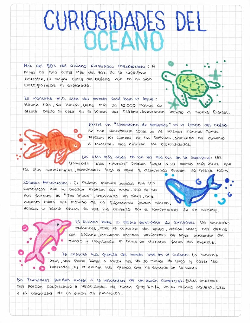 CURIOSIDADES DEL
OCEANO
Más del 80% del océano permanece inexplorado: A
pesar de que cubre mas del 70% de la superficie
terrestre, la mayor 