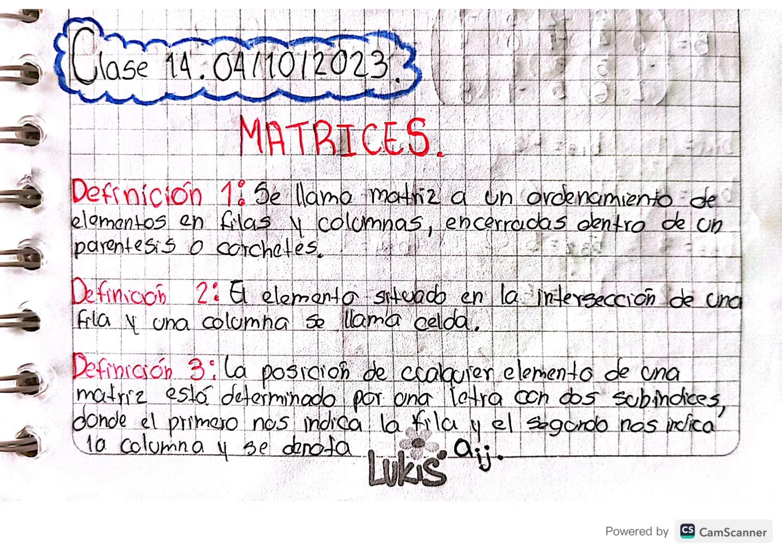 # Clase 14.04/10/2023

# MATRICES.

Definición 1: Se llama matriz a un ordenamiento de elementos en filas y columnas, encerradas dentro de u