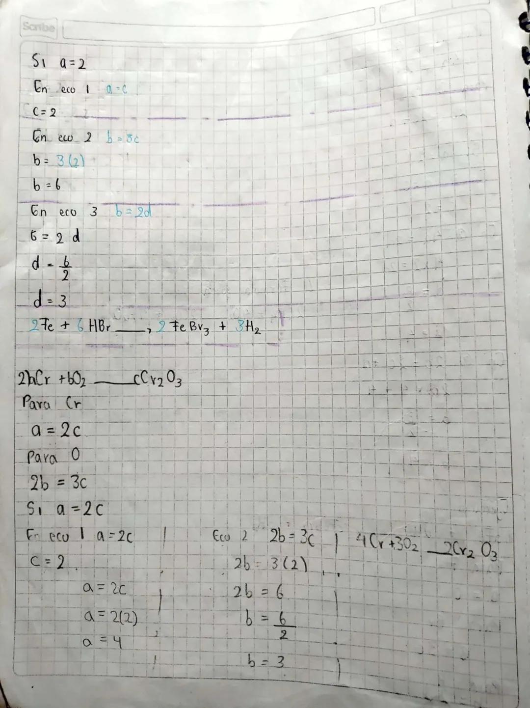 2KClO3 2KClO4 + KCl +0₂
-
- Metodo Algebraico
a CH₄ + b02_CCO₂ + d H₂O
Ejemplos
4
Para Carbono
a = C
① Para H
Q
$4a = 2d$
Para 0
3
$2b = 2c 