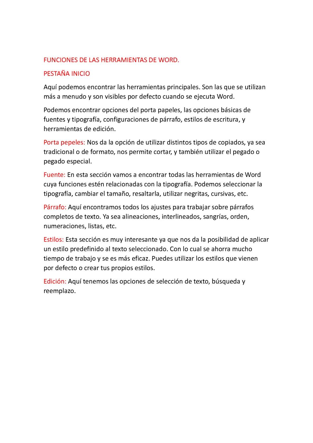 Funciones Principales de las Herramientas de Microsoft Word