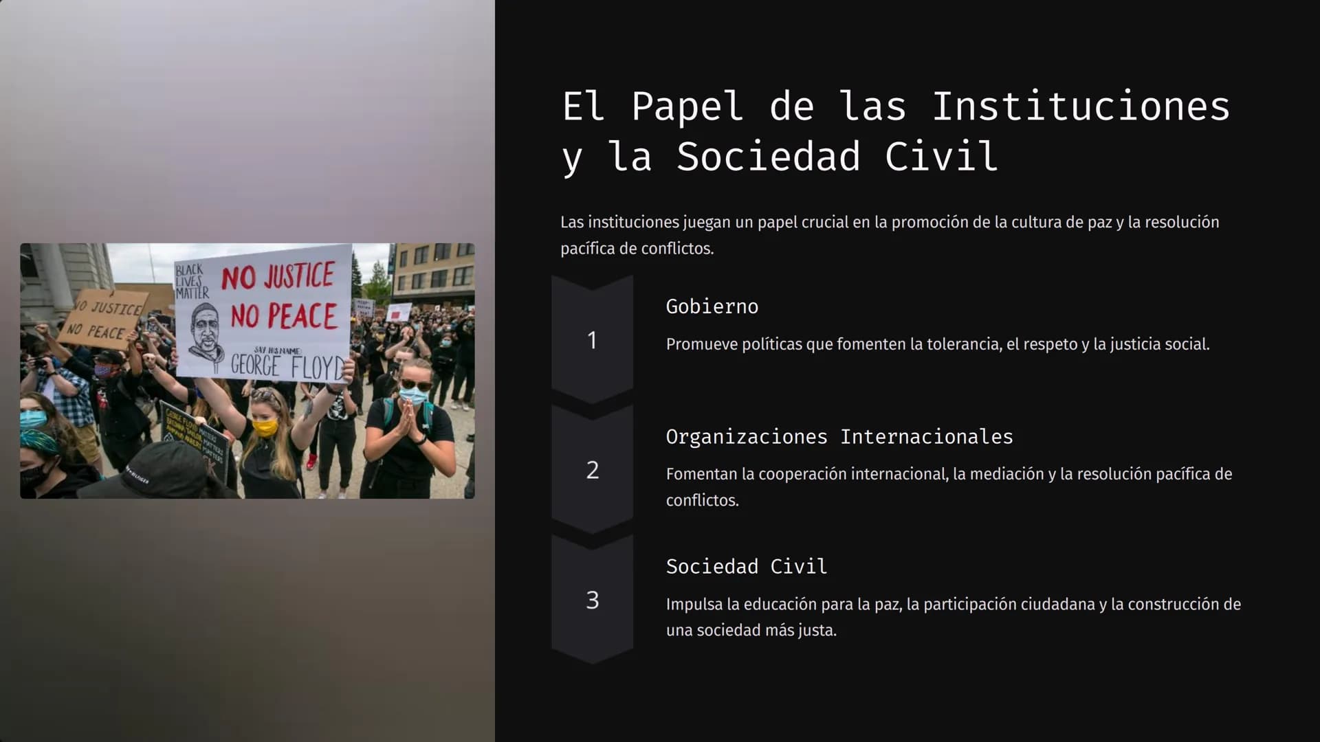 GEN 2
BLM
WHITE SILENCE
VIOLENCE!
BLACK LIVES MATTE
TACK LINE
TER
LATIN
BLACK
Cultura de Paz
y Resolución
de Conflictos
La cultura de paz es