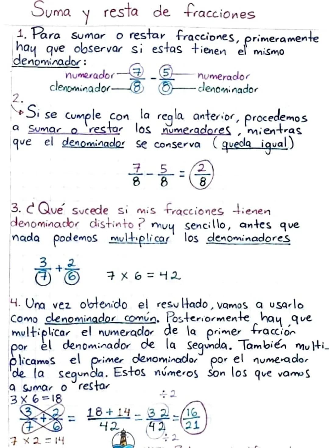 Suma resta de fracciones
Y
1. Para sumar o restar fracciones, primeramente
hay que observar si estas tienen el mismo
denominador:
2.
numerad
