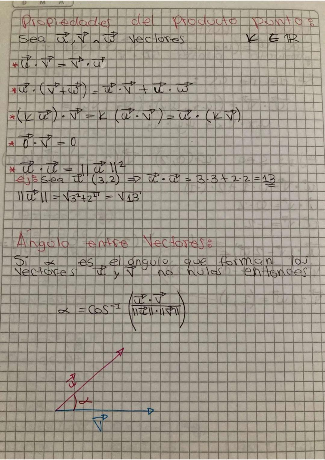 M
Propiedades
del
producto ponta
Sea u Vectores.
A
KERR
4
=
xu. (V+w) - u v + u. w
*
K
=>
* uu
ej Sea
=
10
= K (u·√) = u. (KV)
1 2 112
(3,2)
