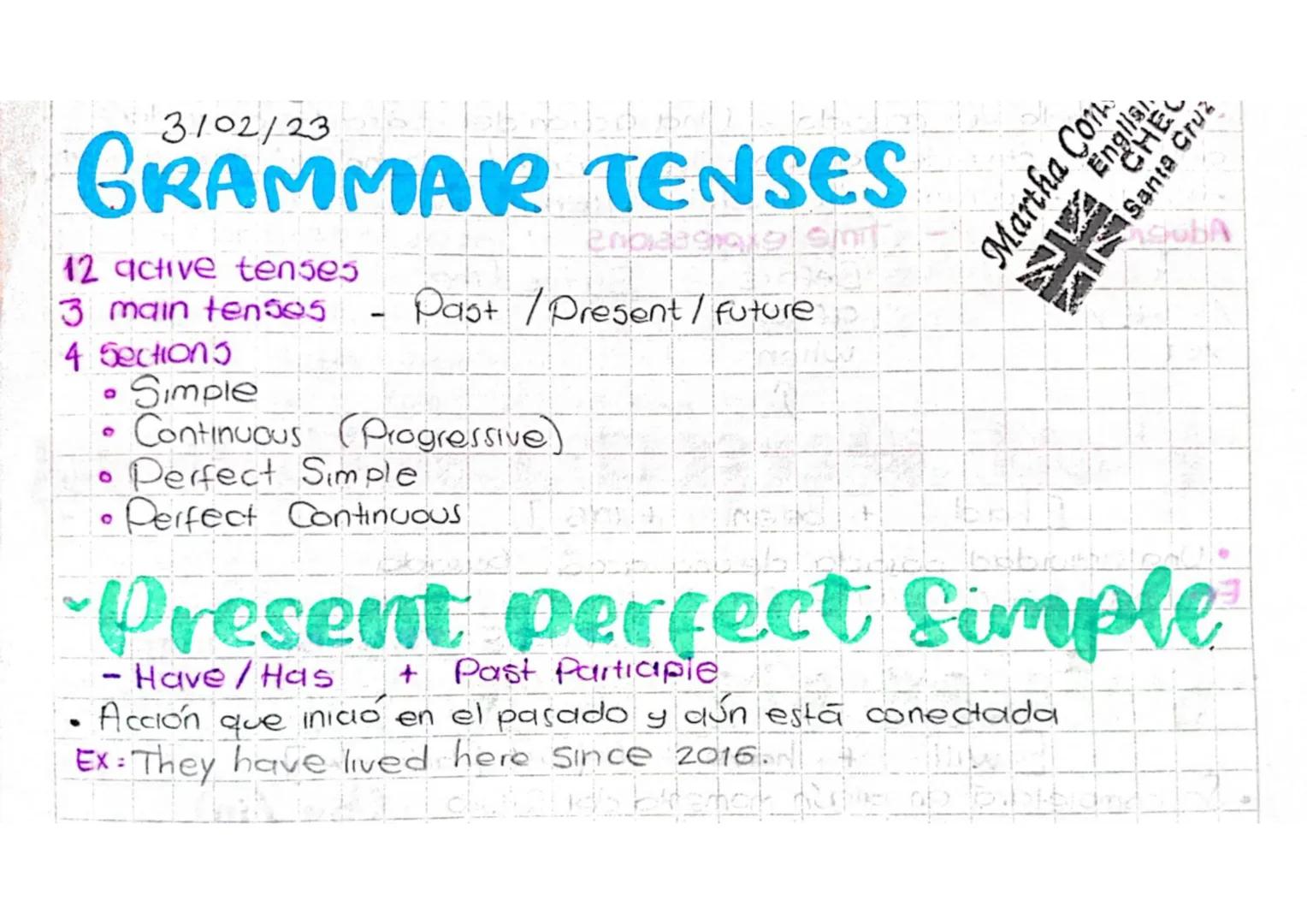3/02/23 ES
12 active tenses
3 main ten505
4 Sections
9
9
Simple
Past/Present / future
Continuous (Progressive
• Perfect Simple
o
Perfect Con