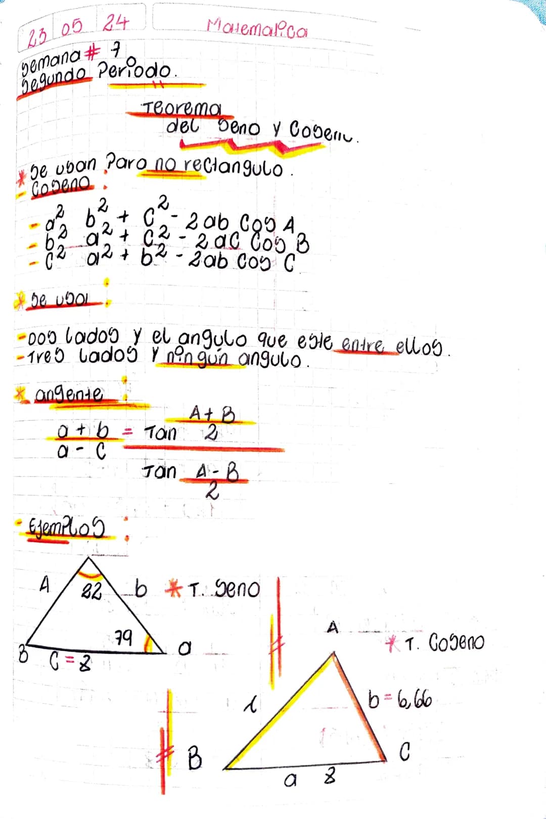2205 24
Semana #6
Matematica
Segundo Periodo
Consultar Teorema del geno y Dogeno.
Teorema
del Seno.
-Cada angulo es directamente Proporciona