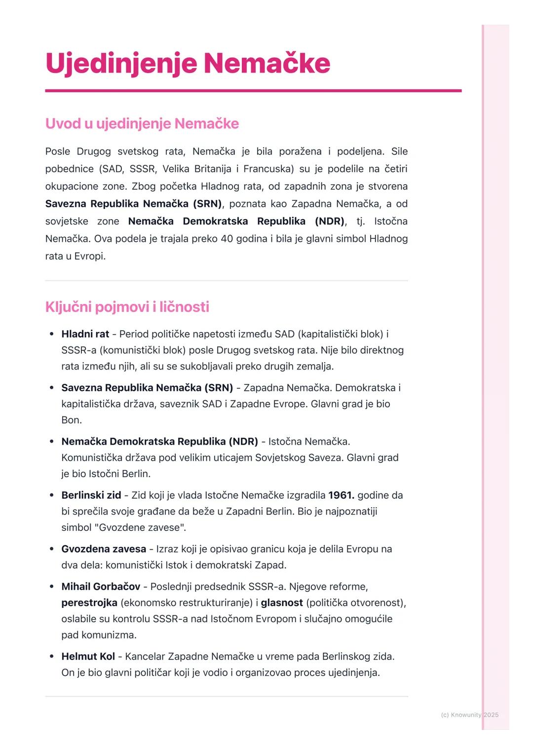 # Ujedinjenje Nemačke

Uvod u ujedinjenje Nemačke

Posle Drugog svetskog rata, Nemačka je bila poražena i podeljena. Sile
pobednice (SAD, SS