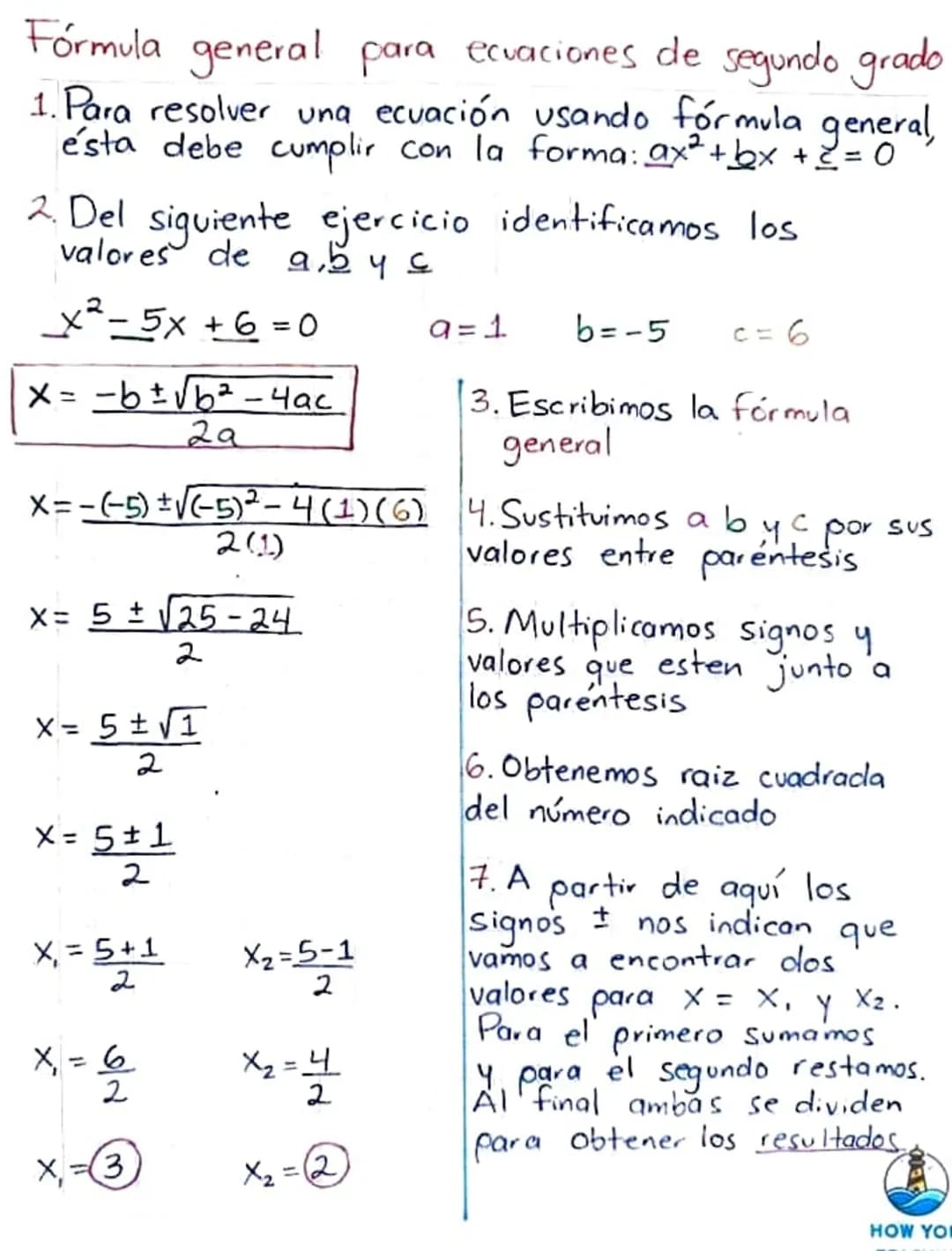 Fórmula general para ecuaciones de segundo grado
1. Para resolver una ecuación usando fórmula general,
ésta debe cumplir con la forma: ax² +
