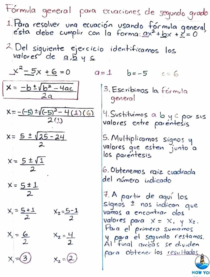 Fórmula general para ecuaciones de segundo grado
1. Para resolver una ecuación usando fórmula general,
ésta debe cumplir con la forma: ax² +