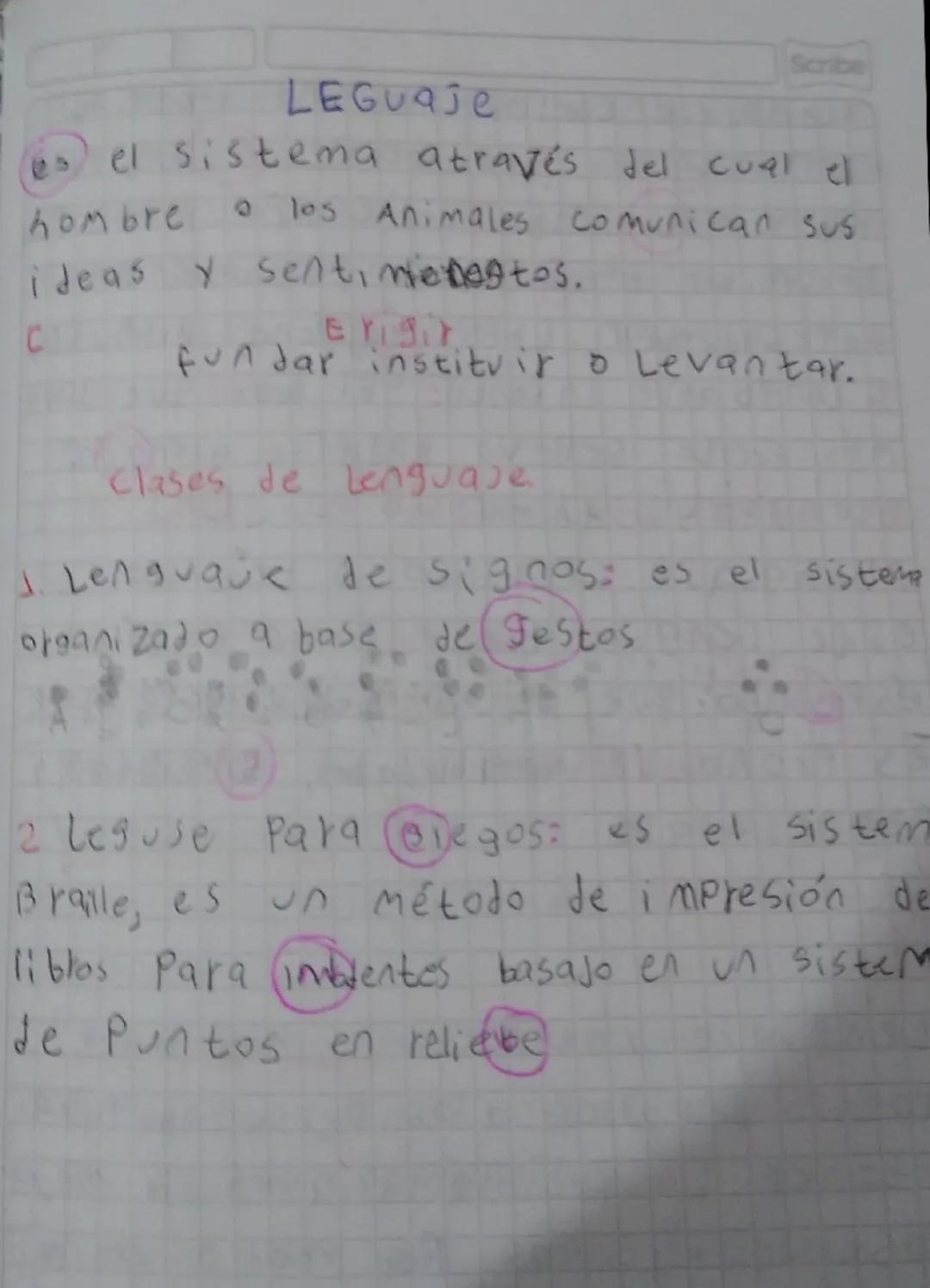 - Español Scribe

LEGUAJE

es el sistema através del cual el
hombre o los Animales comunican sus
ideas y sent, miedogtos.
C
Erigir
fundar in