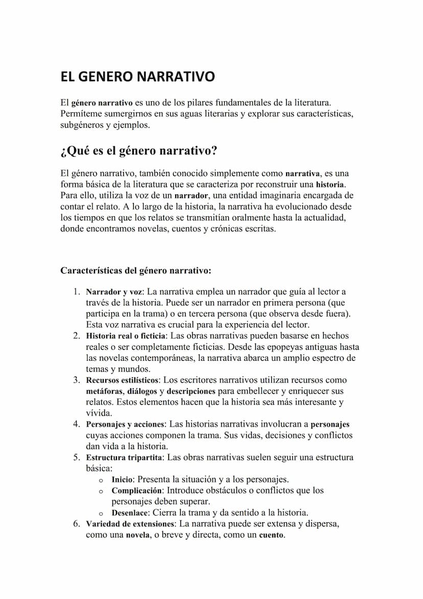 EL GENERO NARRATIVO
El género narrativo es uno de los pilares fundamentales de la literatura.
Permíteme sumergirnos en sus aguas literarias 
