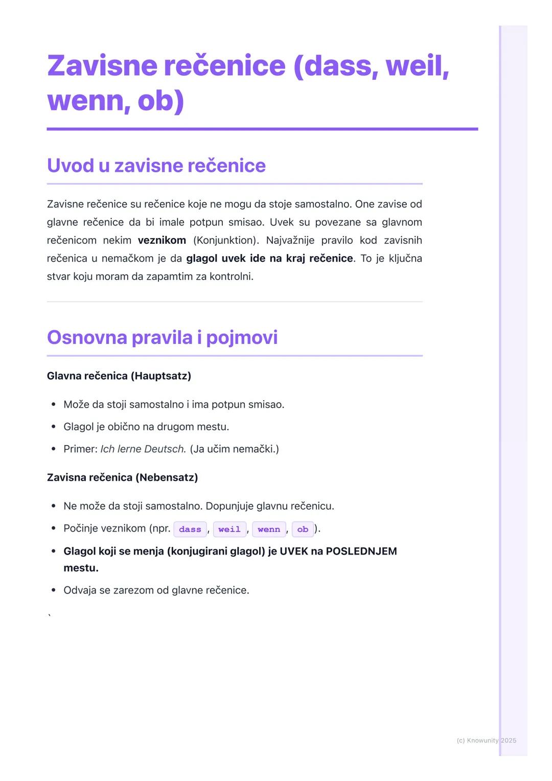 # Zavisne rečenice (dass, weil,
wenn, ob)

## Uvod u zavisne rečenice

Zavisne rečenice su rečenice koje ne mogu da stoje samostalno. One za