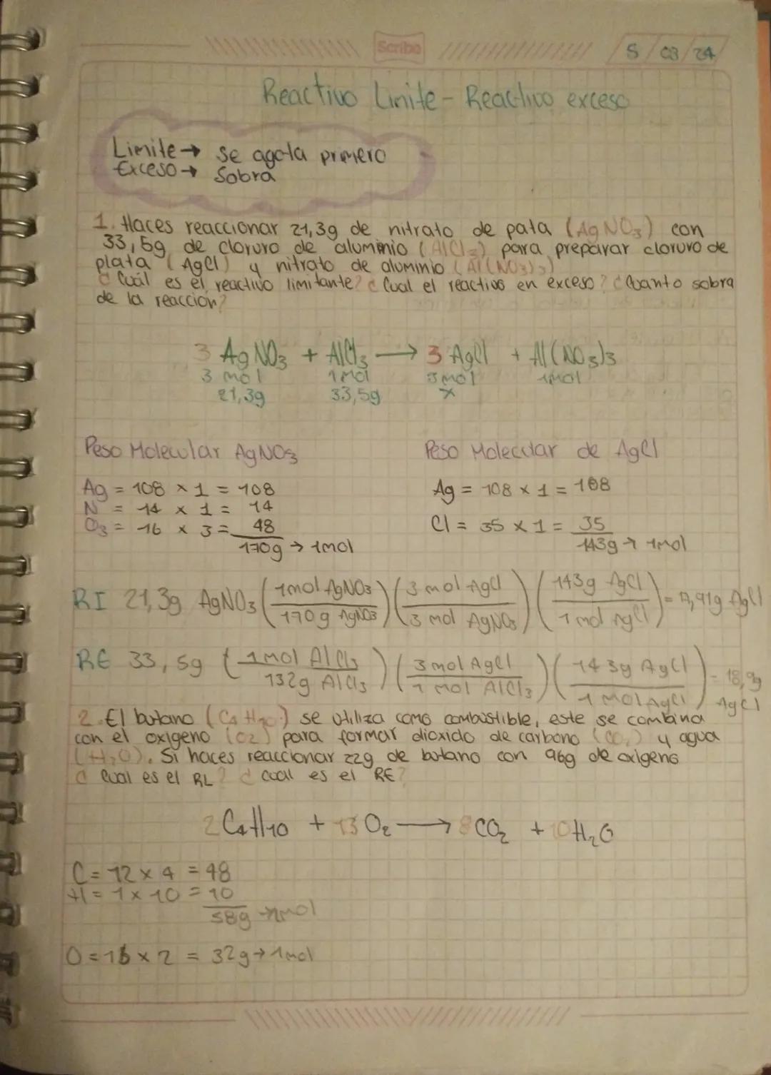 Scribe
111/5/08/24
# Reactivo Linite-Reactivo exceso

Limite se agota primero
Exceso Sobra

1. Haces reaccionar 21,3g de nitrato de pata (Ag