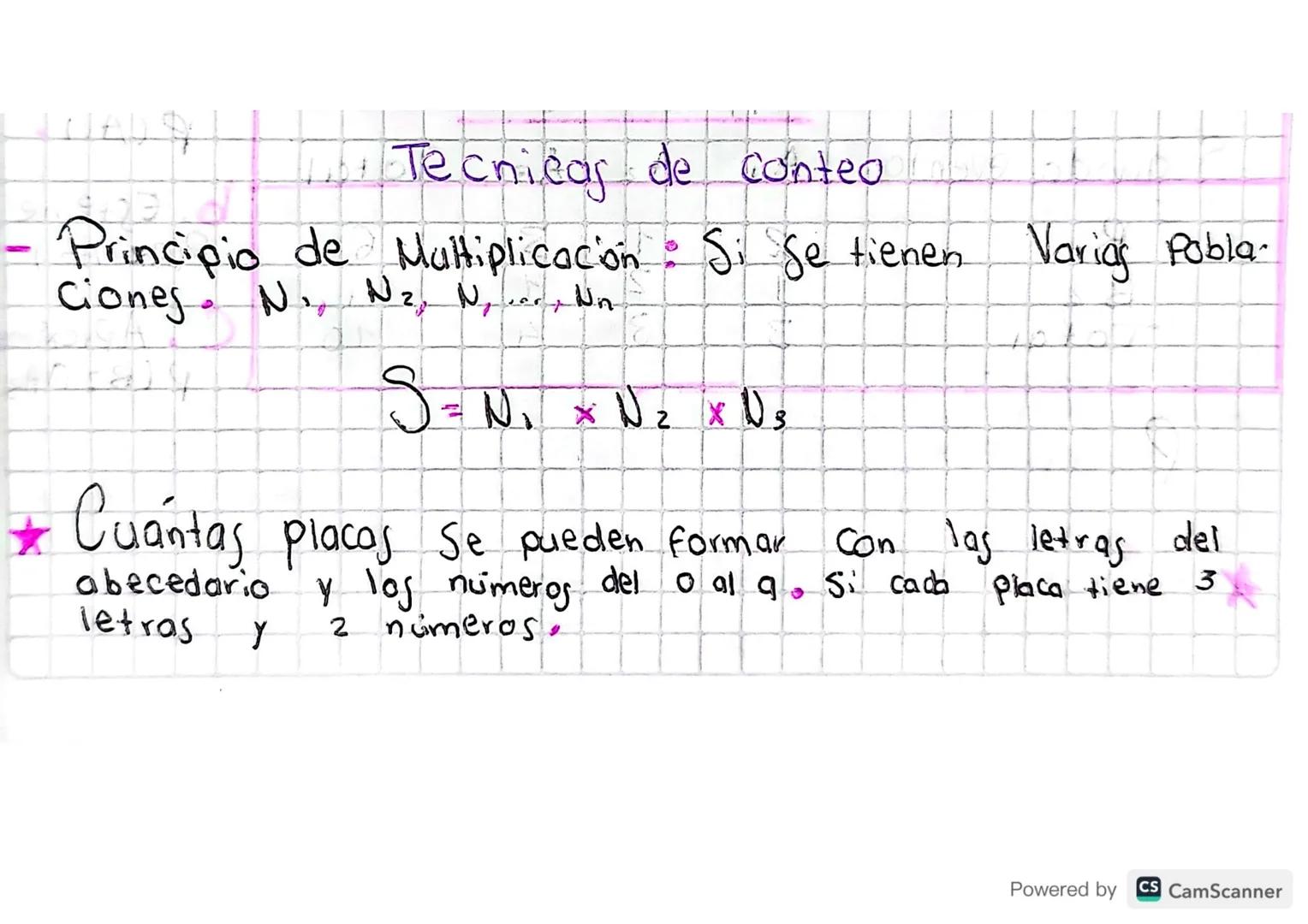 Tecnicas de conteo

- Principio de Multiplicación. Si se tienen Variog Pobla-
ciones. N., N2, N, .er, Un

$S = N_1 XN_2 x N_3$

3
Cuántas pl