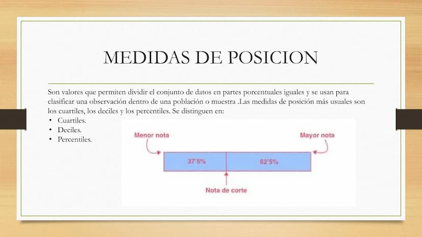 MEDIDAS
ESTADÍSTICAS MEDIDAS ESTADÍSTICAS
Son valores representativos de una colección de datos, que
resumen en unos pocos valores la inform