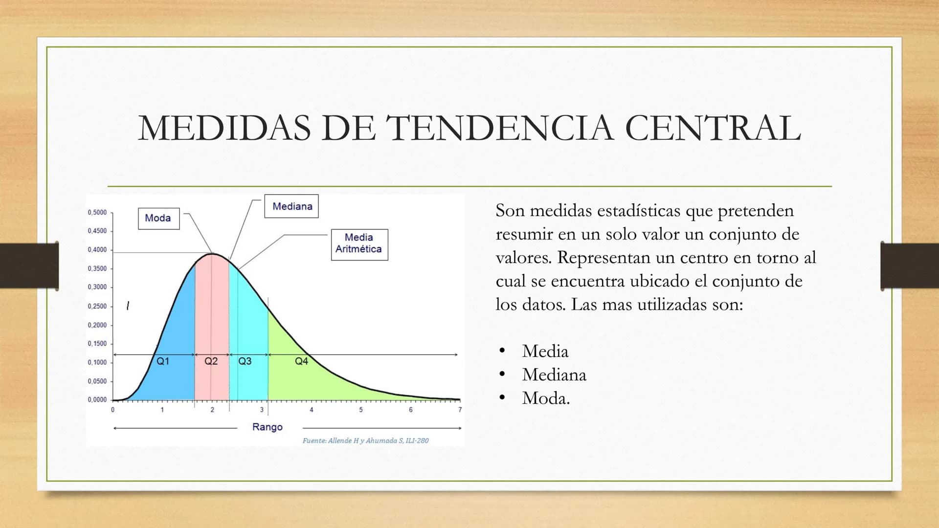 MEDIDAS
ESTADÍSTICAS MEDIDAS ESTADÍSTICAS
Son valores representativos de una colección de datos, que
resumen en unos pocos valores la inform