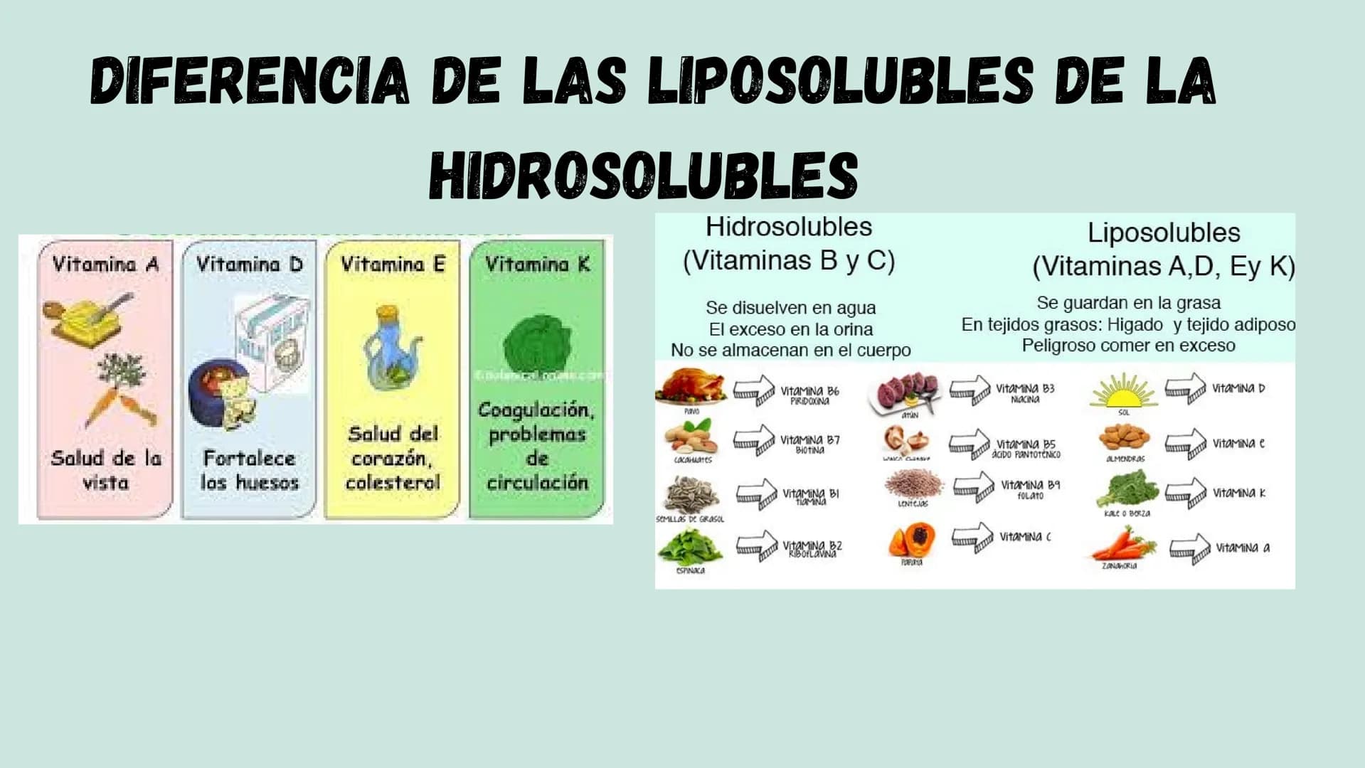 VITAMINAS
LIPOSOLUBLES ¿QUÉ SON?
Son aquellas que se pueden disolver en
las grasas. Dentro de este grupo
encontramos las vitaminas A, D, E y