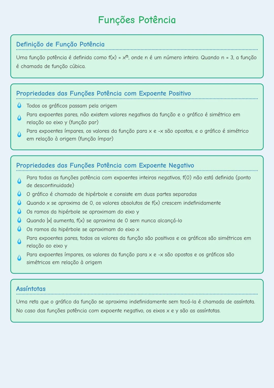 # Funções Potência

## Definição de Função Potência

Uma função potência é definida como f(x) = xn, onde n é um número inteiro. Quando n = 3