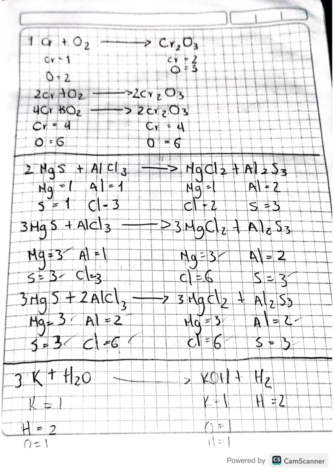 1 Cr + O2 -> Cr₂O₃

Cr= 1 Cr = 2
O= 2 O = 3

2Cr + O2 -> 2Cr₂O₃
4Cr BO₂ -> 2Cr₂O₃
Cr = 4 Cr = 4
O = 6 O = 6

2 MgS + AlCl₃ -> MgCl₂ + Al₂S₃
