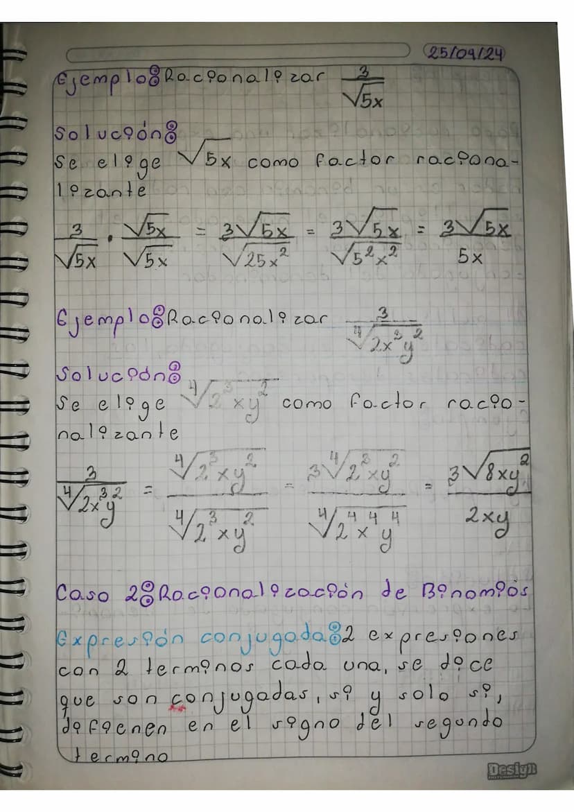 ex
DD | MM IAA
Racionalización de Radicales
Bacoanalizacion del denominador.
Je una fracción Racionalizar una
xpresión fraccionaria en lo qu