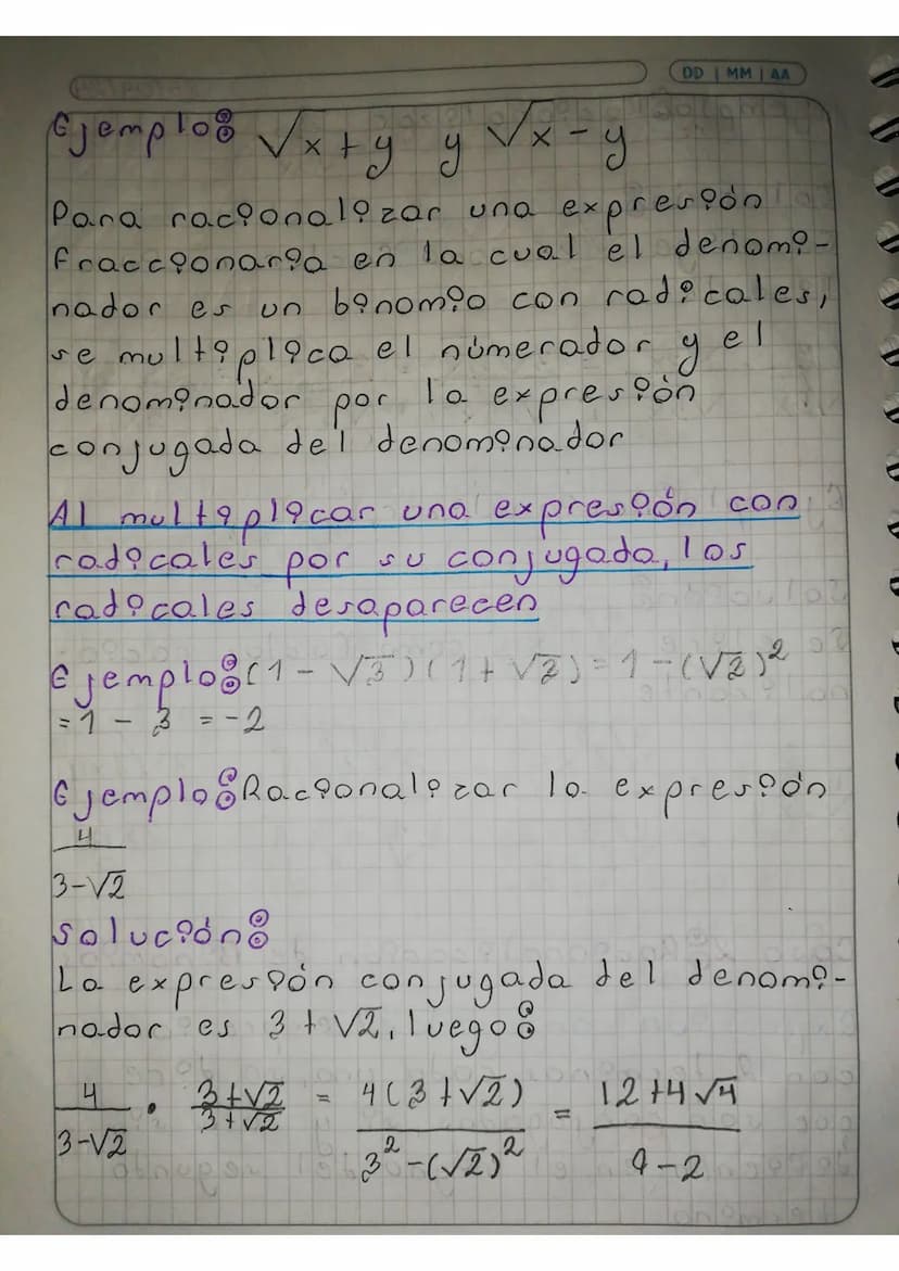 ex
DD | MM IAA
Racionalización de Radicales
Bacoanalizacion del denominador.
Je una fracción Racionalizar una
xpresión fraccionaria en lo qu
