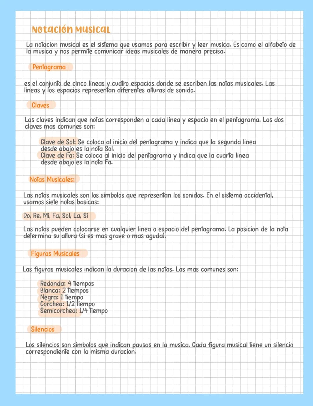 Notación MUSICAL
La notacion musical es el sistema que usamos para escribir y leer musica. Es como el alfabeto de
la musica y nos permite co