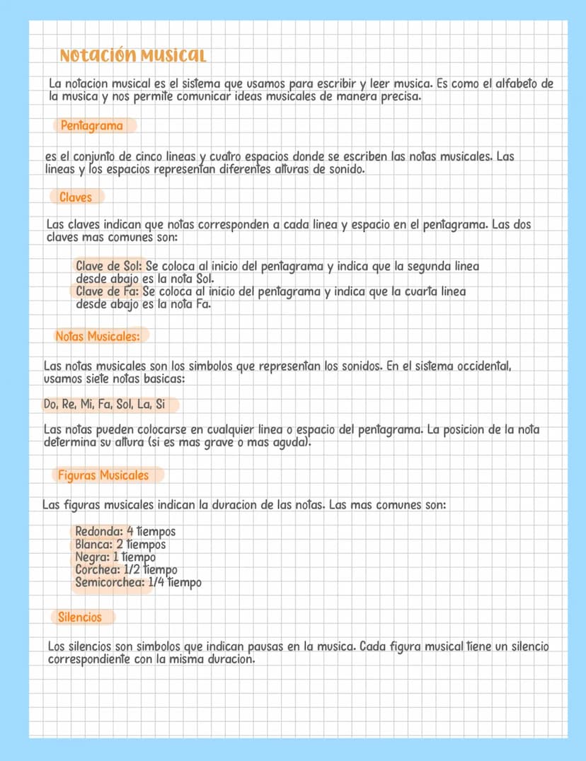 Notación MUSICAL
La notacion musical es el sistema que usamos para escribir y leer musica. Es como el alfabeto de
la musica y nos permite co