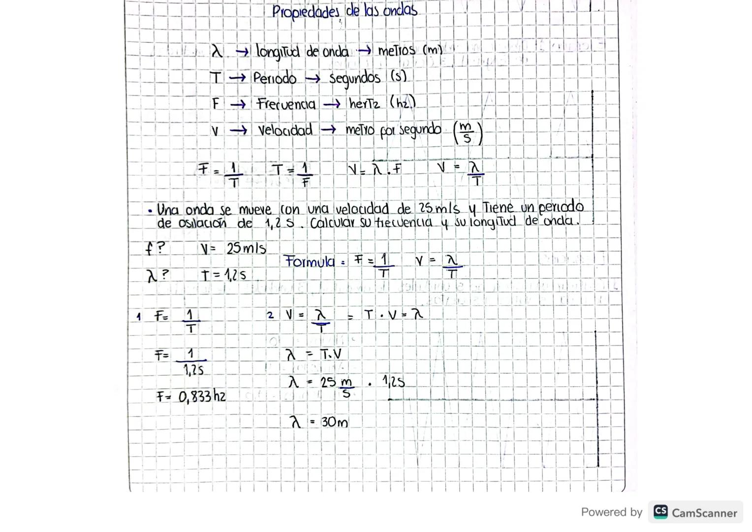 Propiedades de las ondas.
A longitud de onda metros (m)
Periodo segundos (s)
F Frecuencia hertz (hz)
V
Velocidad → metro por segundo (m
S
=
