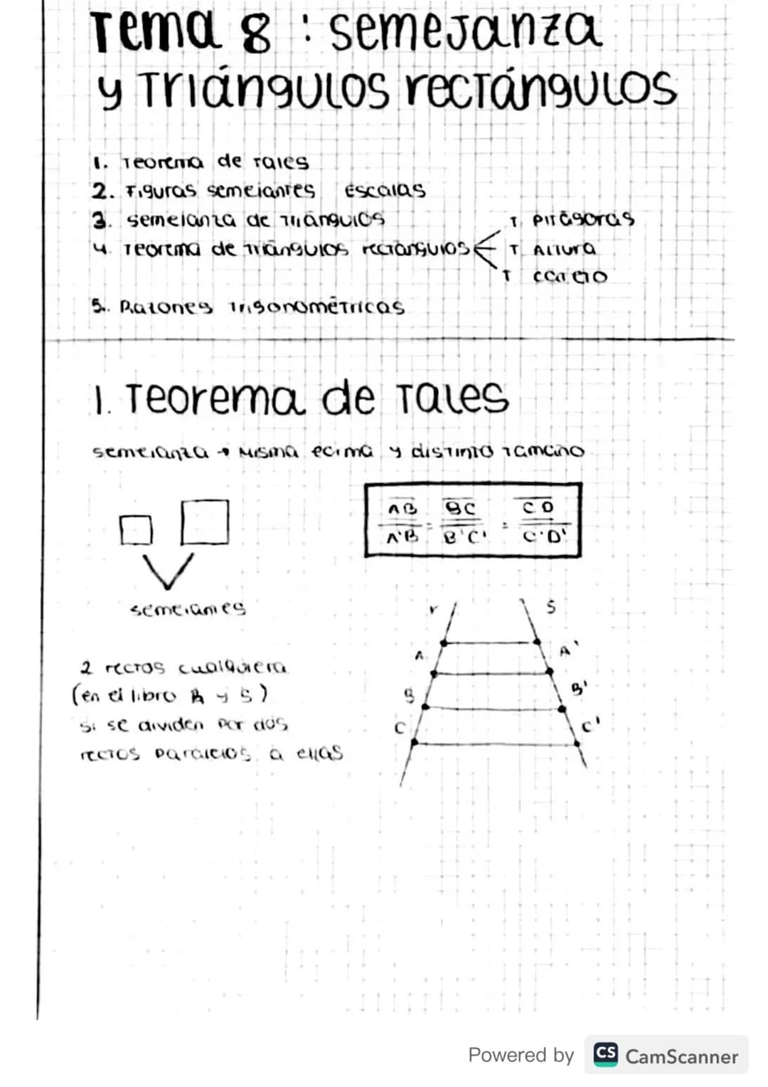 Tema 8 semejanza
y Triángulos rectángulos
1. Teorema de raies
2. Figuras semejantes.
Escalas
3. semejanza de Thanguios
4. Teorema de Triangu