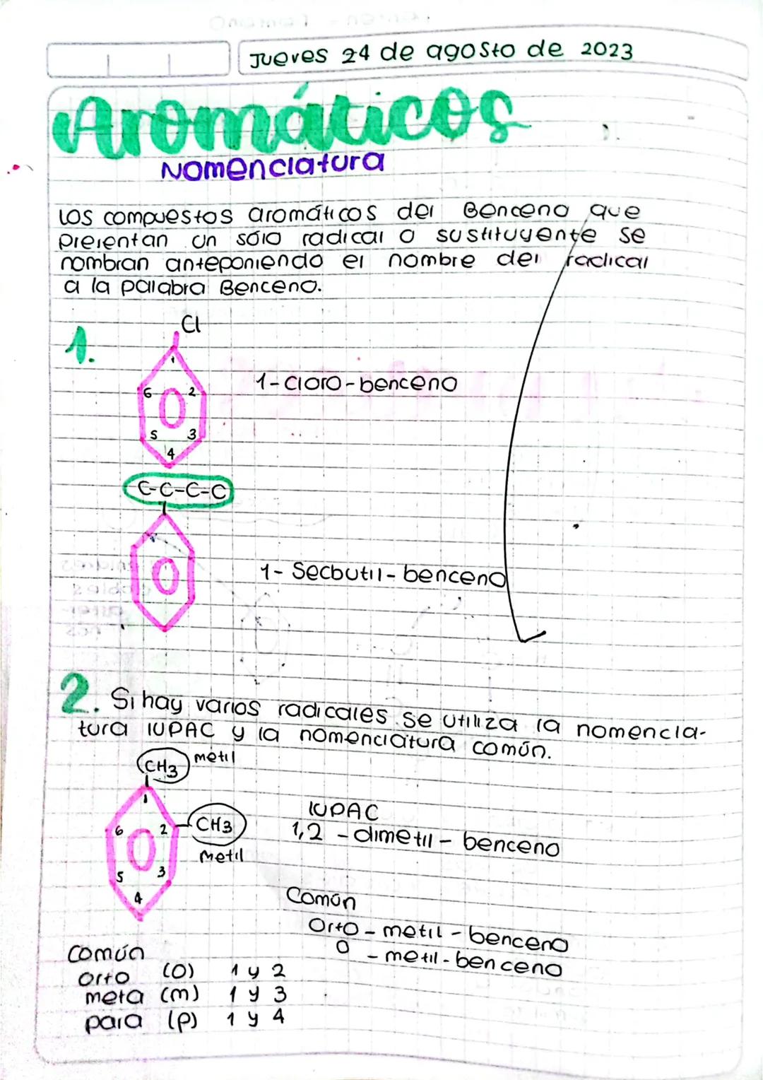 Jueves 24 de agosto de 2023

# Aromáticos
## Nomenclatura

LOS compuestos aromáticos der Bencena que
Preientan un sóia radical a sustituyent