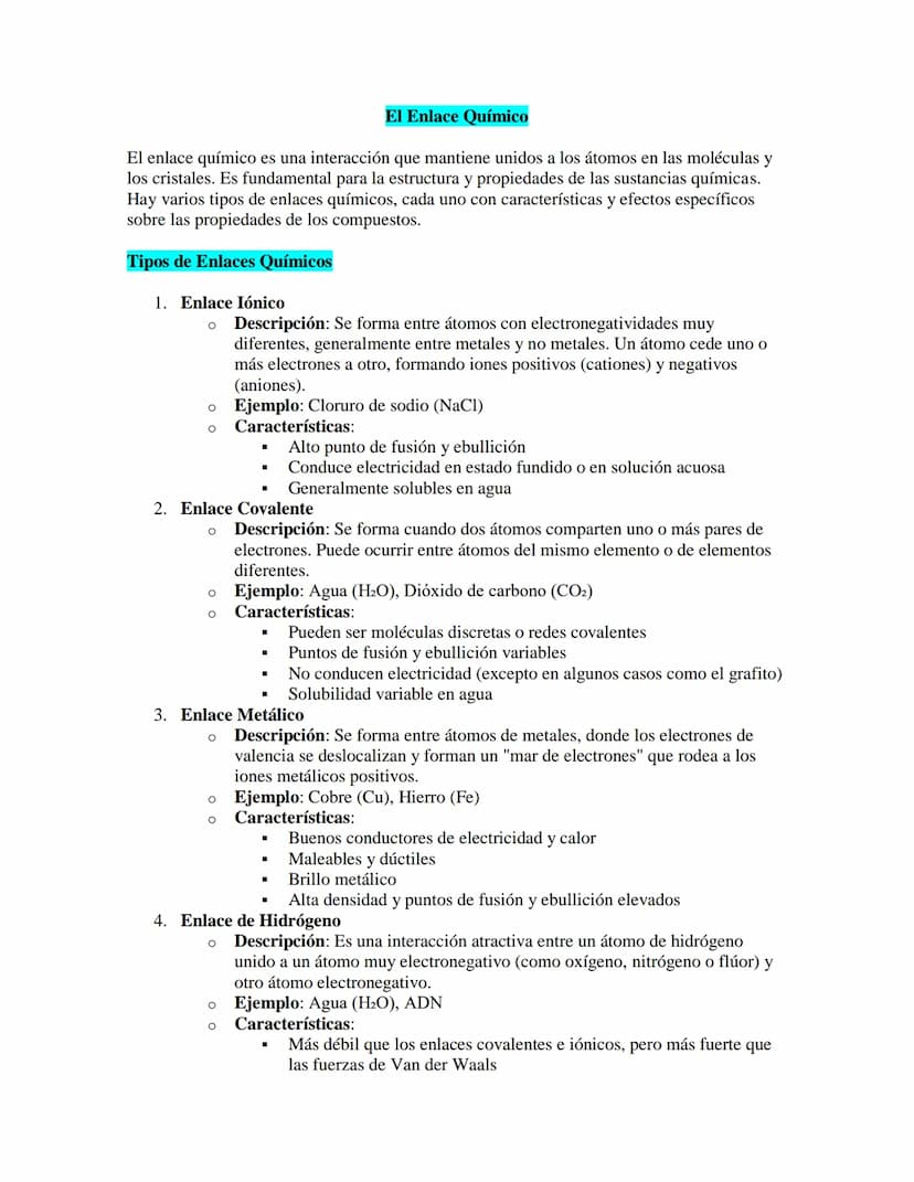 El Enlace Químico
El enlace químico es una interacción que mantiene unidos a los átomos en las moléculas y
los cristales. Es fundamental par
