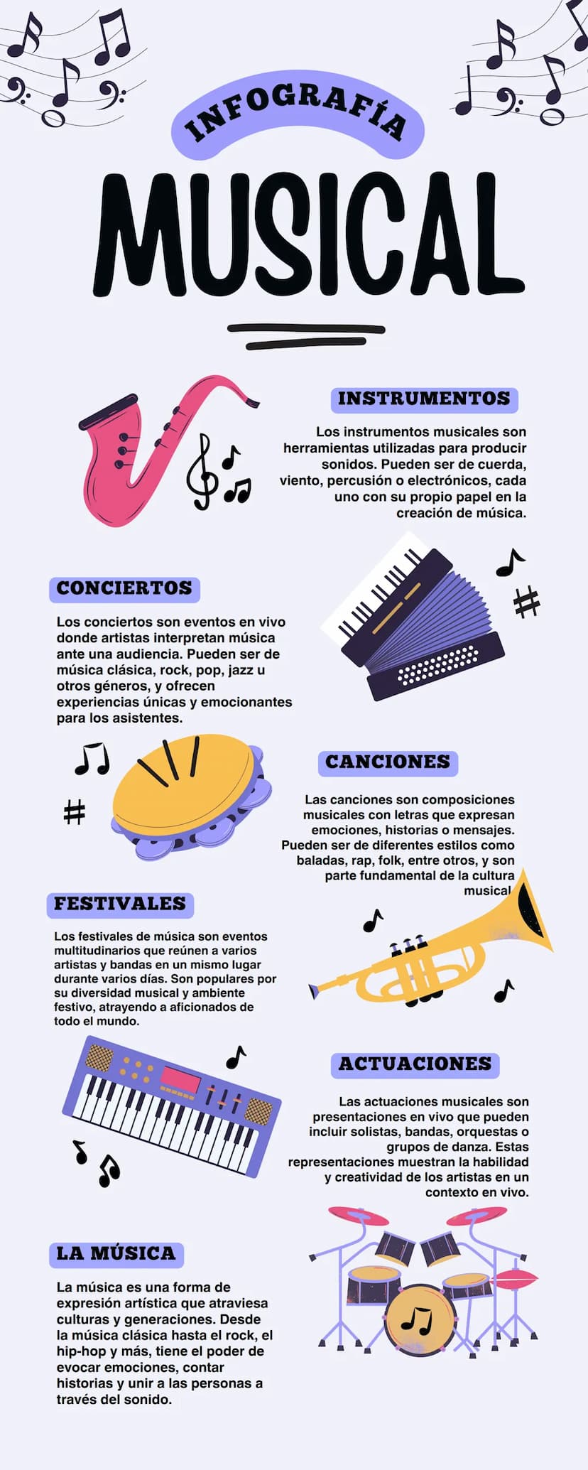 INFOGRAFÍA
MUSICAL
品
INSTRUMENTOS
Los instrumentos musicales son
herramientas utilizadas para producir
sonidos. Pueden ser de cuerda,
viento