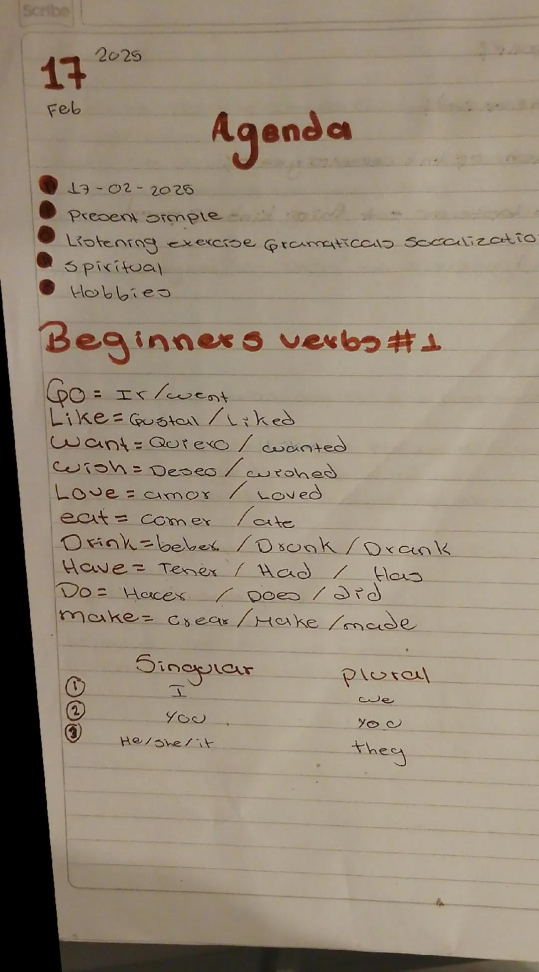 Scribe
17
Feb

2025
Agenda
17-02-2025
- Present simple
- Listening exercise Gramaticals Socalizatio
- Spiritual
- Hobbies

# Beginners verby