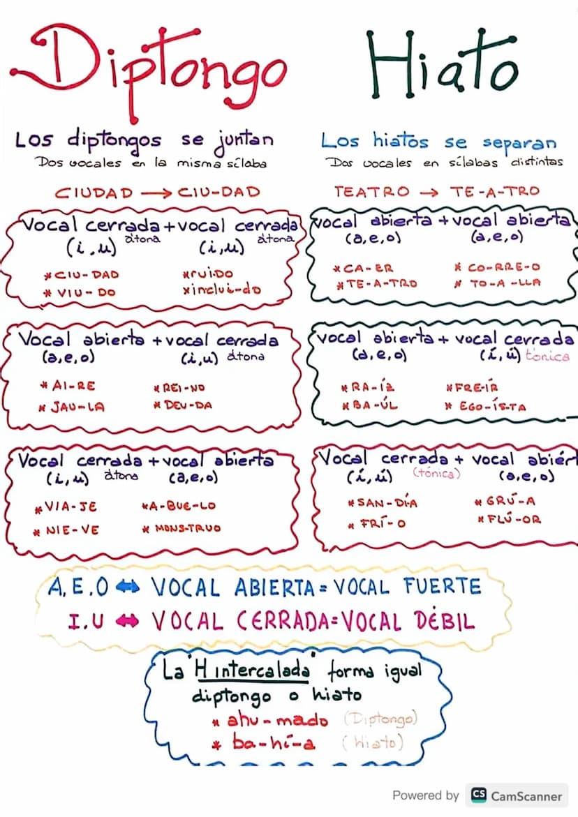 Diptongo Hiato
Los diptongos se juntan
Dos vocales en la misma silaba
CIUDAD CIU-DAD
Los hiatos se separan
Dos vocales en sílabas distintas
