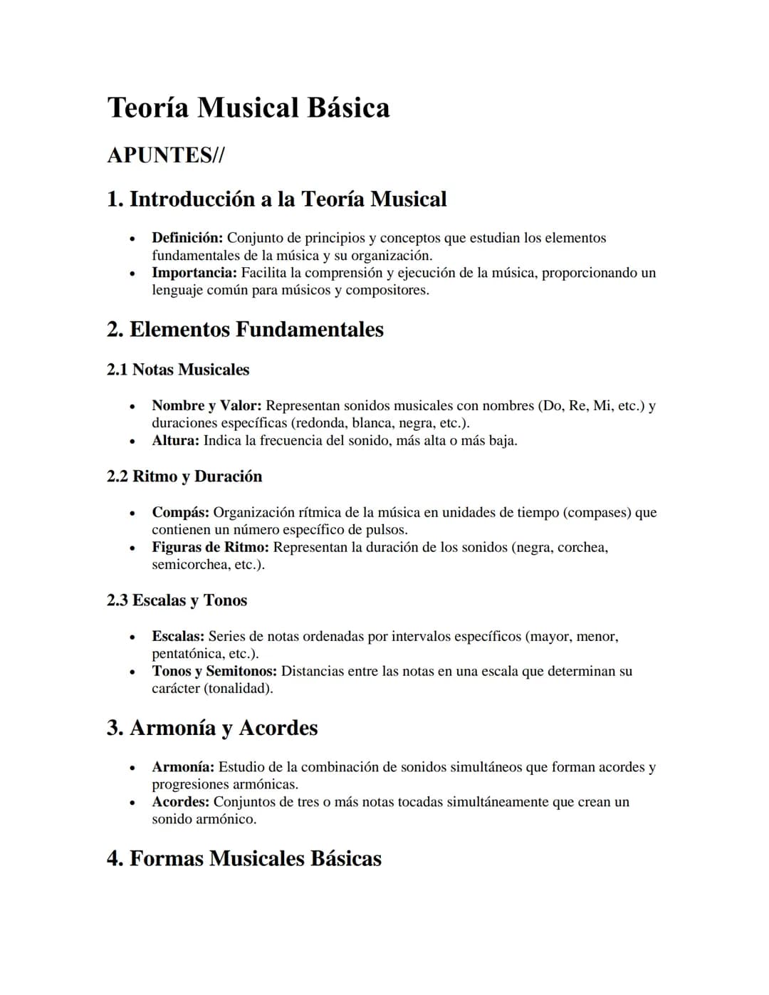 Teoría Musical Básica
APUNTES//
1. Introducción a la Teoría Musical
•
Definición: Conjunto de principios y conceptos que estudian los elemen