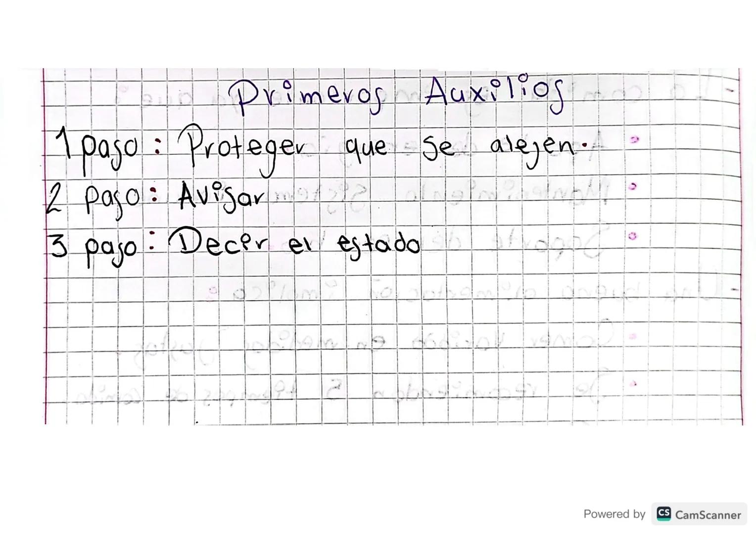 Primeros Auxiliog

1 pago: Proteger que se alejen.

2 pago: Avisar

3 pajo: Decer el estado

9

Powered by
CS CamScanner ### 3

### <

### P