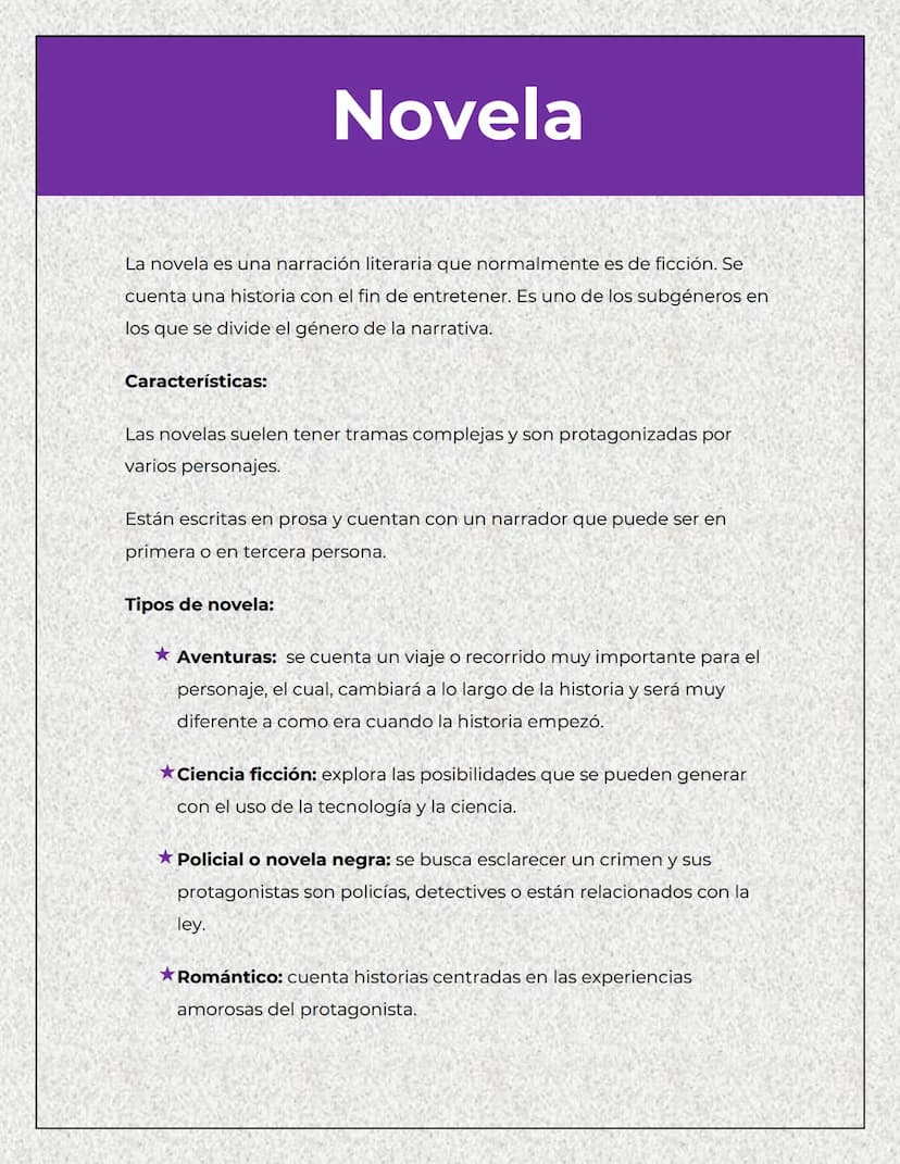 Novela
La novela es una narración literaria que normalmente es de ficción. Se
cuenta una historia con el fin de entretener. Es uno de los su