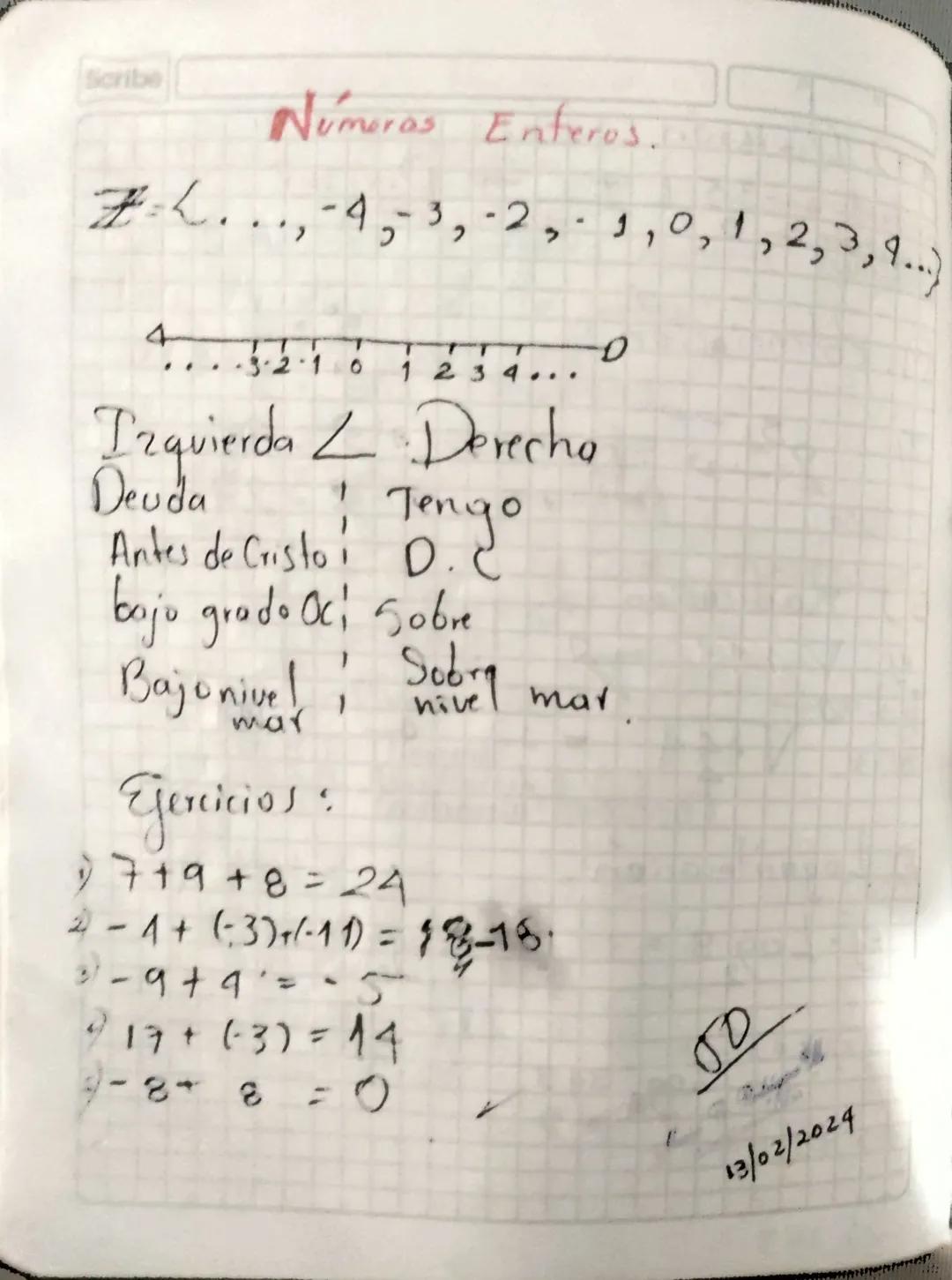 Scribe
# Númeras Enteros.
$Z=L..., -4,3,2,1,0,1,2,3,...$

411
... T TTT
-3-2-1 3.2.10 1 2 3 4 ...

Izquierda Derecho
Deuda 1 Tengo
Antes de 