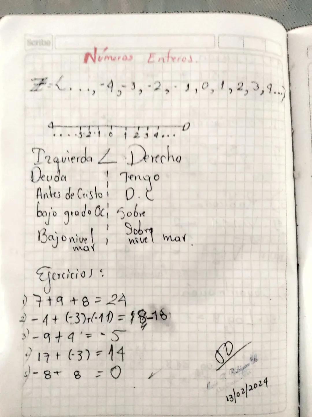 Scribe
# Númeras Enteros.
$Z=L..., -4,3,2,1,0,1,2,3,...$

411
... T TTT
-3-2-1 3.2.10 1 2 3 4 ...

Izquierda Derecho
Deuda 1 Tengo
Antes de 